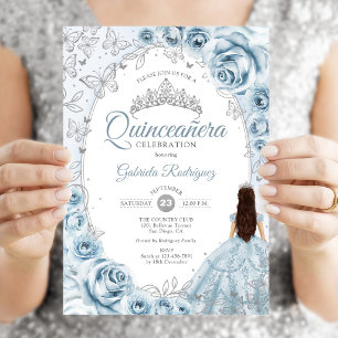 Quinceanera Babyblau Silber Blumen Einladung