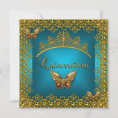 Quinceanera Birthday Aquamarin Gold Tiara Butterfl Einladung (Vorderseite)