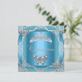 Quinceanera Birthday Aquamarin Silver Tiara Butter Einladung (Stehend Vorderseite)