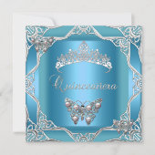 Quinceanera Birthday Aquamarin Silver Tiara Butter Einladung (Vorderseite)