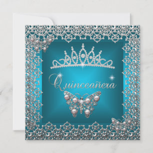 Quinceanera Birthday Aquamarin Silver Tiara Butter Einladung