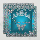 Quinceanera Birthday Aquamarin Silver Tiara Butter Einladung (Vorne/Hinten)