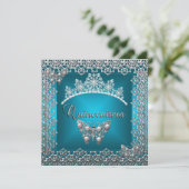 Quinceanera Birthday Aquamarin Silver Tiara Butter Einladung (Stehend Vorderseite)