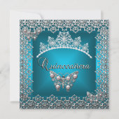 Quinceanera Birthday Aquamarin Silver Tiara Butter Einladung (Vorderseite)