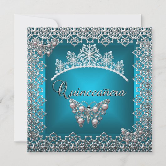 Quinceanera Birthday Aquamarin Silver Tiara Butter Einladung (Vorderseite)