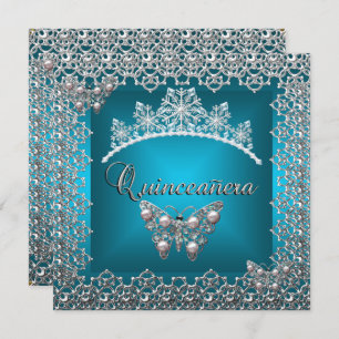 Quinceanera Birthday Aquamarin Silver Tiara Butter Einladung