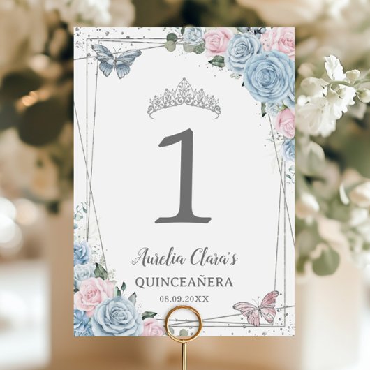 Quinceañera Birthday Baby Blue Soft Pink Floral Tischnummer