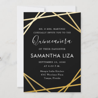 Quinceañera Birthday Black Gold Modern Einladung