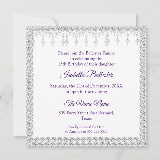 Quinceanera Birthday Burg Pink Lila Diamond Einladung (Rückseite)