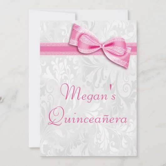 Quinceañera Birthday Damask und Pink Imitats Bow Einladung (Vorderseite)