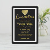 Quinceañera Birthday Diamond Glam Black Gold Einladung (Stehend Vorderseite)