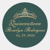 Quinceañera Birthday Emerald Green Gold Tiara Runder Aufkleber (Vorderseite)