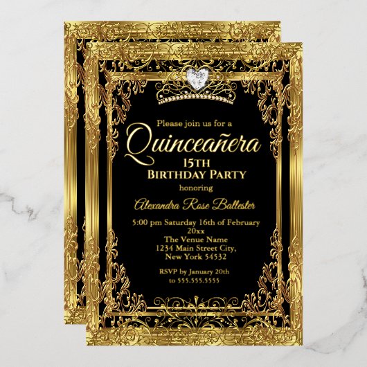 Quinceanera Birthday Gold Black Foto Folieneinladung (Vorderseite/Rückseite)