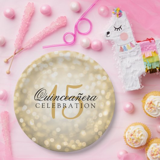 Quinceanera Birthday Gold Bokeh Lights Pappteller (Party)
