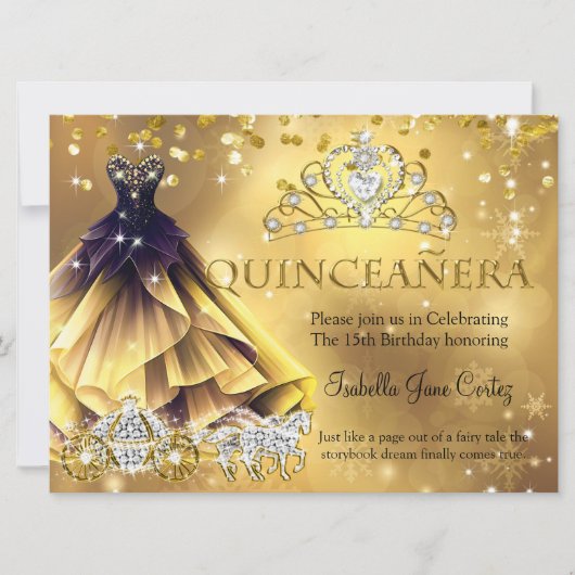 Quinceanera Birthday Gold Dress Tiara Carriage b Einladung (Vorderseite)