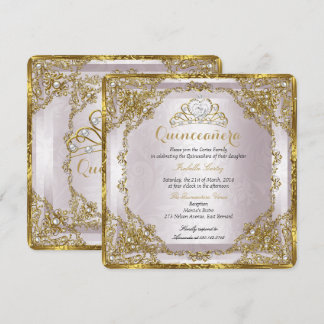 Quinceanera Birthday Gold Pearl Pink Damask Einladung