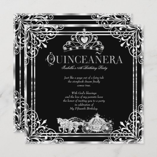 Quinceanera Birthday Horriage Black Silver 2 Einladung (Vorne/Hinten)