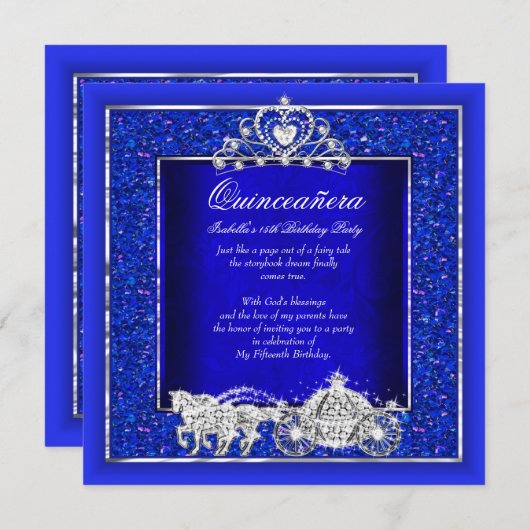 Quinceanera Birthday Horriage Royal Blue Einladung (Vorne/Hinten)