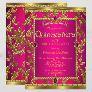 Quinceanera Birthday Hot Pink Jewel Tiara Gold Einladung