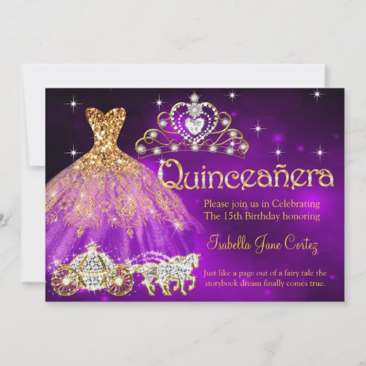 Quinceanera Birthday Lila Kleidung Tiara Carriage Einladung (Vorderseite)