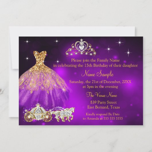 Quinceanera Birthday Lila Kleidung Tiara Carriage Einladung (Rückseite)