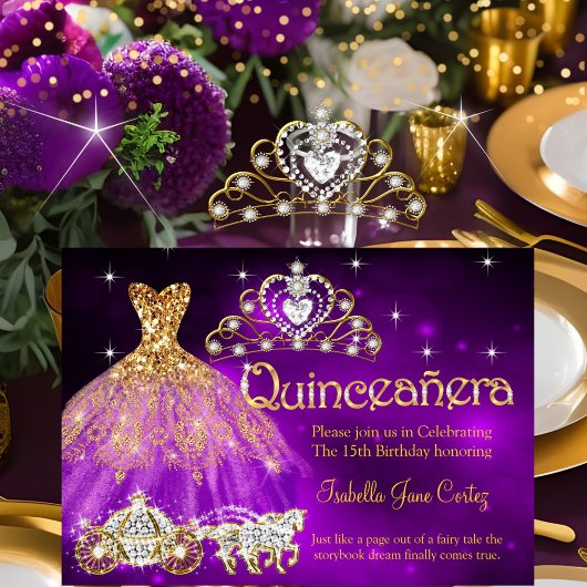 Quinceanera Birthday Lila Kleidung Tiara Carriage Einladung