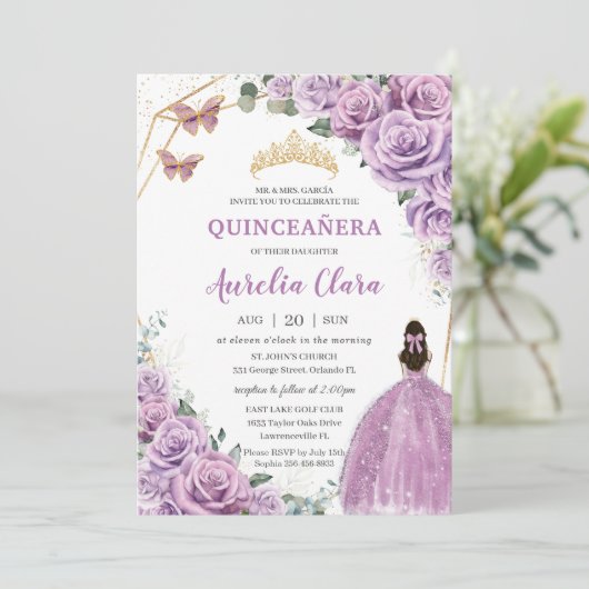 Quinceañera Birthday Lila Lilac Floral Princess Einladung (Stehend Vorderseite)