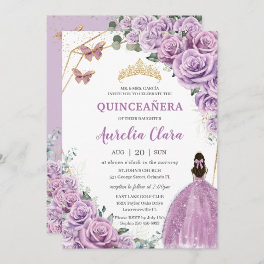 Quinceañera Birthday Lila Lilac Floral Princess Einladung (Vorne/Hinten)