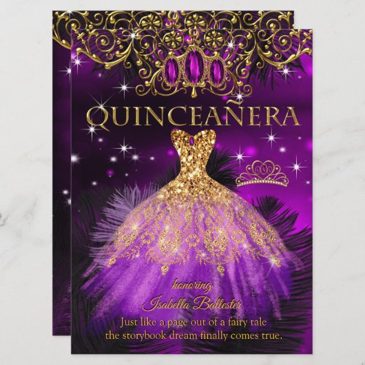 Quinceanera Birthday Lila Magenta Tiara Gold 2 Einladung (Vorne/Hinten)