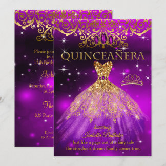 Quinceanera Birthday Lila Magenta Tiara Gold Einladung