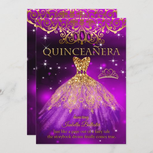 Quinceanera Birthday Lila Magenta Tiara Gold Einladung (Vorne/Hinten)