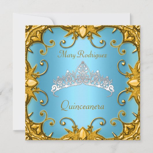 Quinceanera Birthday Party Blue Gold White Tiara Einladung (Vorderseite)