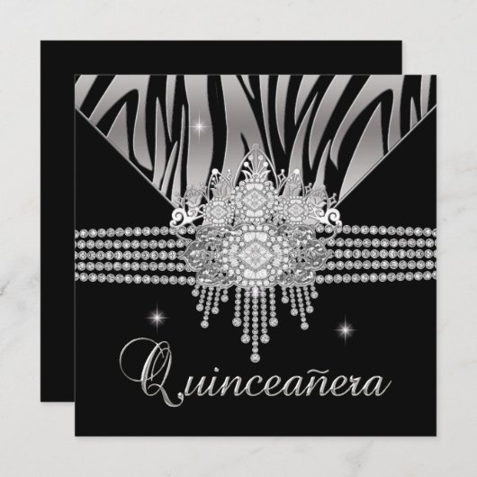 Quinceanera Birthday Party Diamond Black Zebra Einladung (Vorne/Hinten)