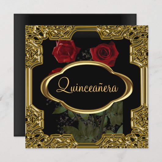 Quinceanera Birthday Party Gold Black Einladung (Vorne/Hinten)