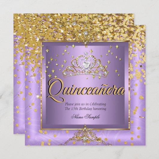 Quinceanera Birthday Party Gold Lavendel Lila Einladung (Vorne/Hinten)