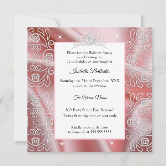 Quinceanera Birthday Party Rosa Kleid Tiara Einladung (Rückseite)