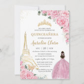 Quinceañera Birthday Pink Floral Paris Eiffel Gold Einladung (Vorderseite)