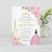 Quinceañera Birthday Pink Floral Paris Eiffel Gold Einladung (Stehend Vorderseite)