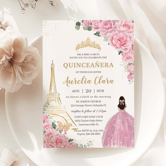 Quinceañera Birthday Pink Floral Paris Eiffel Gold Einladung