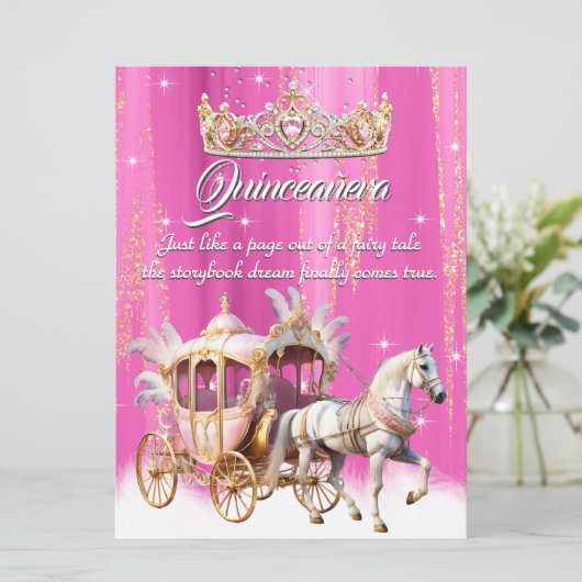 Quinceanera Birthday Pink Gold Silver Carriage Einladung (Stehend Vorderseite)