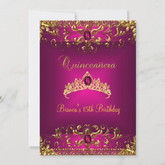Quinceanera Birthday Pink Tiara Gold Gem Jewel Einladung