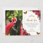 Quinceañera Birthday Red Floral Butterfells Foto Dankeskarte (Vorderseite)