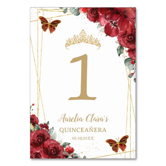 Quinceañera Birthday Red Floral Gold Schmetterling Tischnummer (Vorderseite)