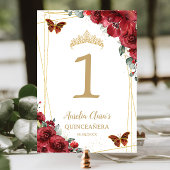 Quinceañera Birthday Red Floral Gold Schmetterling Tischnummer