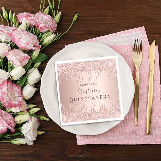 Quinceanera birthday rose gold glitter monogram serviette