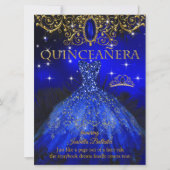 Quinceanera Birthday Royal Blue Feather Tiara Gold Einladung (Vorderseite)
