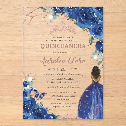 Quinceañera Birthday Royal Blue Floral Brown Girl Acryleinladungen (Vorderseite)
