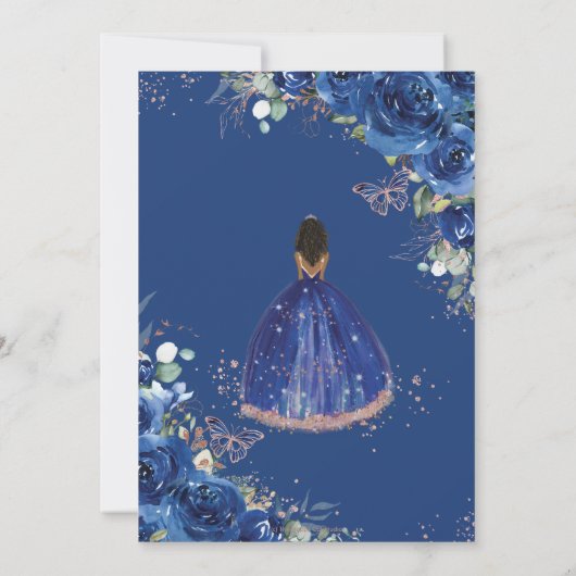 Quinceañera Birthday Royal Blue Floral Brown Girl Einladung (Rückseite)