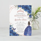 Quinceañera Birthday Royal Blue Floral Princess Einladung (Stehend Vorderseite)