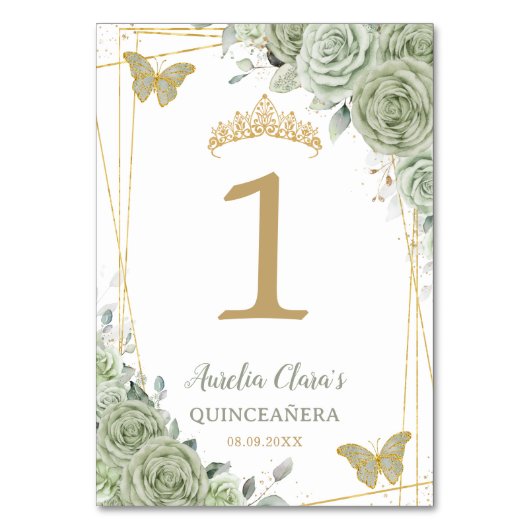Quinceañera Birthday Sage Green Floral Butterflieg Tischnummer (Rückseite)